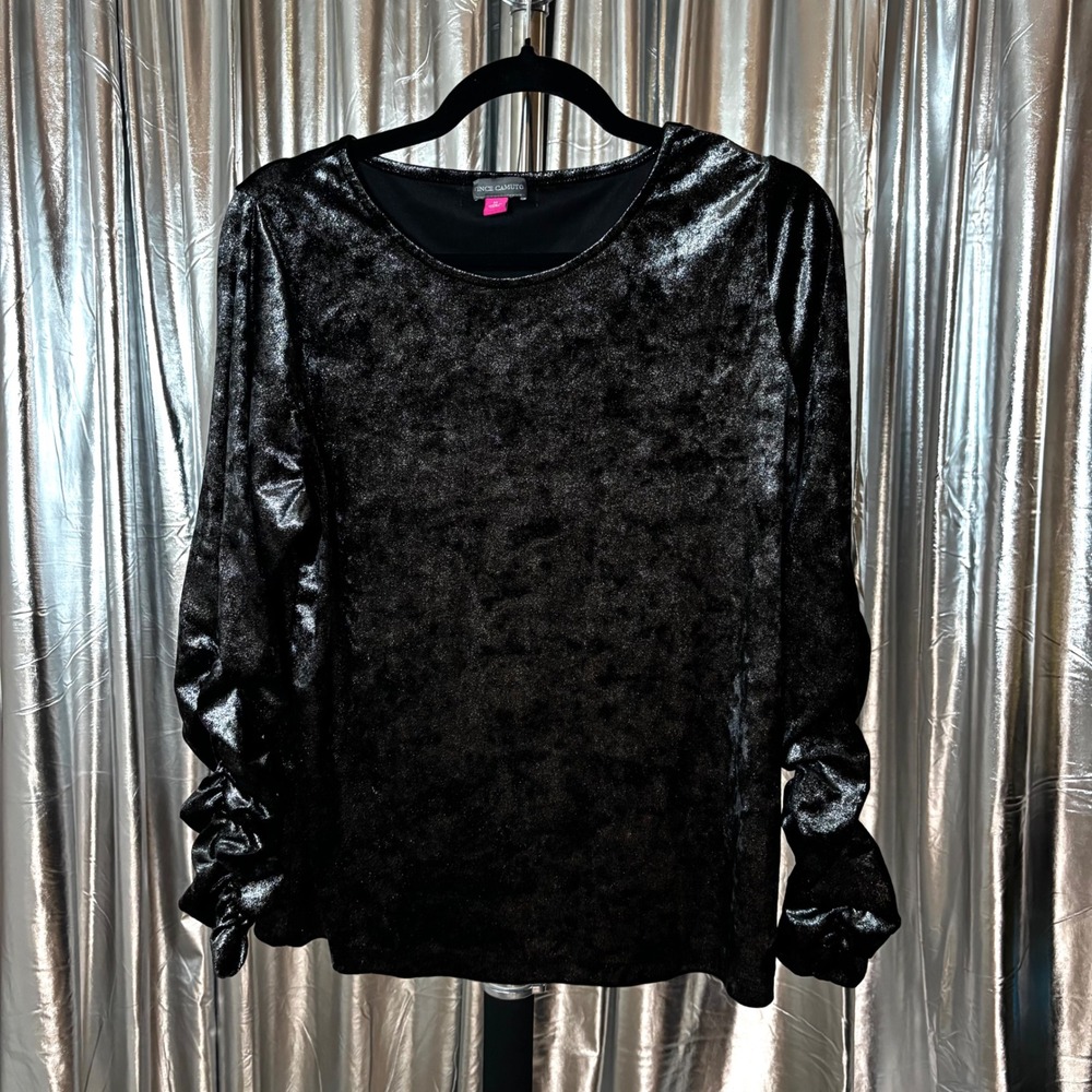 Vince Camuto Black Crushed Velvet Ruched Sleeve Top
